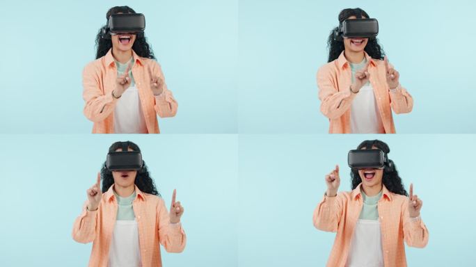 女性、虚拟现实和未来学习眼镜、蓝色背景的软件或用户体验。哇，兴奋和学生在屏幕上写作，语言教育或VR技