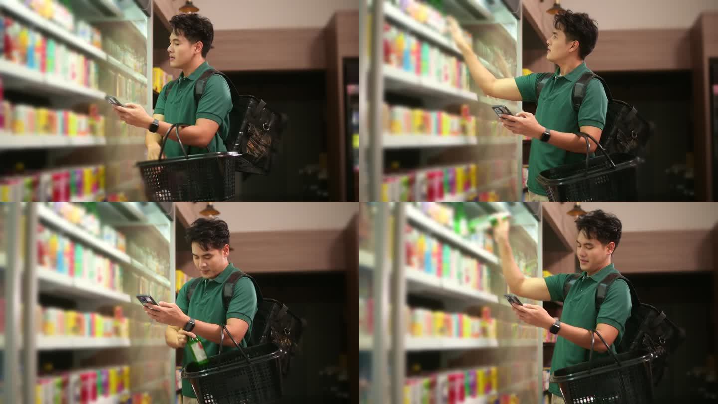 一个亚洲人在超市从网上订购中选择商品，网上送货的服务理念