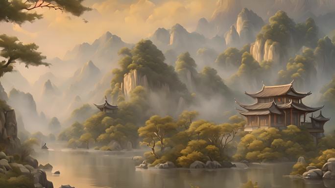 中式庭院山水画背景