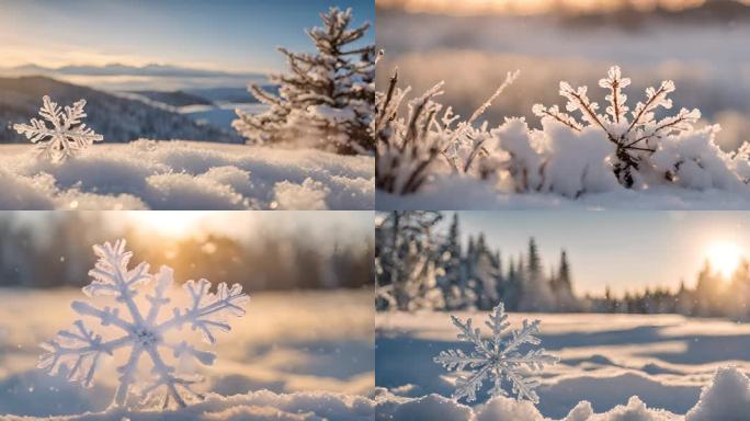 雾凇冰晶雪花特写意境雪景节气雪白空镜头
