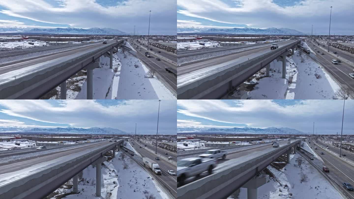 冬季盐湖城意面碗立交桥上的交通，无人机