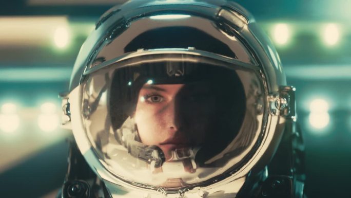 女人，戴着玻璃头盔的女宇航员在观察，阴影穿过她的脸。科幻，科幻电影动画。科幻视频。背景中有散焦的外星