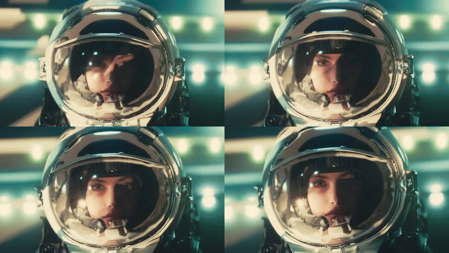 女人，戴着玻璃头盔的女宇航员在观察，阴影穿过她的脸。科幻，科幻电影动画。科幻视频。背景中有散焦的外星