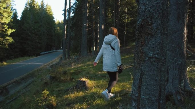 一个美丽的年轻女子旅行者走在罗马尼亚喀尔巴阡山脉的山林里，在日落或日出时靠近Transalpina山