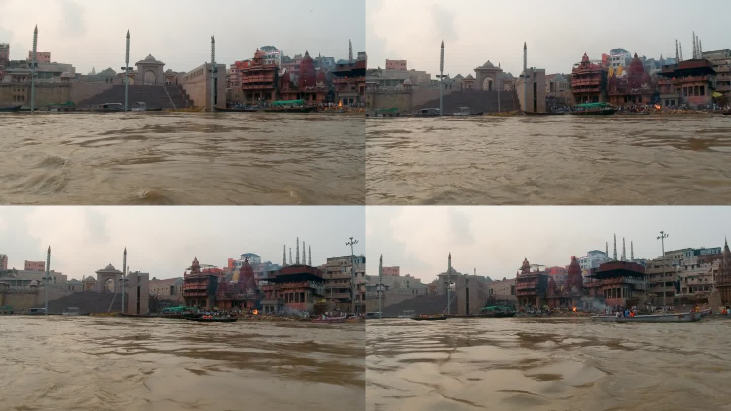 电影恒河仍然平静泥泞棕色河游船chowk运河船瓦拉纳西印度北部邦古圣城吉吉亚加特省风景灰色多云下午跟