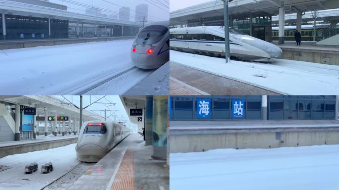 威海站大雪高铁停靠站台