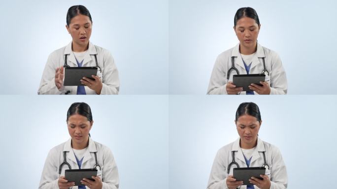 沮丧的医生、平板电脑和女性研究人员在一个蓝色背景的模型空间里孤立的工作室里。技术，压力和医疗专业人员