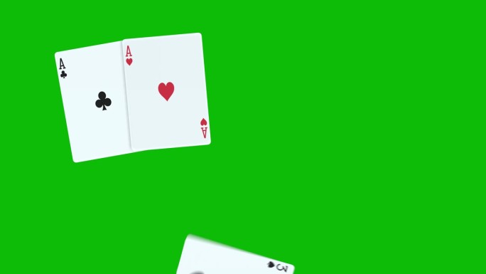 一副扑克牌由一对牌组成，在绿屏上有逐张掷牌的3D动画，扑克牌动画，发牌扑克动画。赢牌手一对组合1