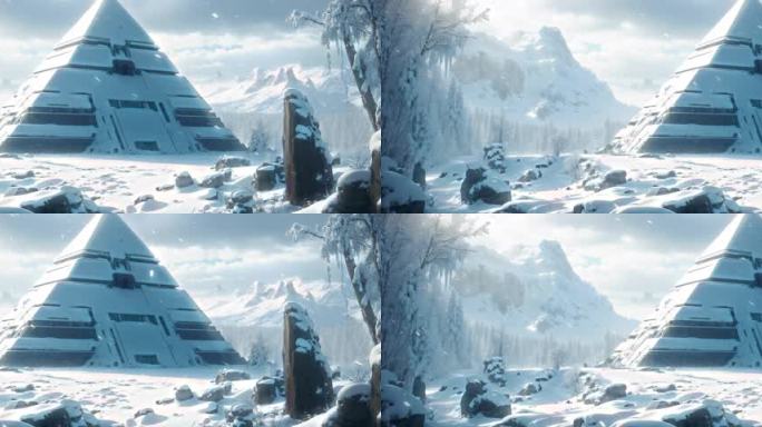 4K宽屏大屏唯美下雪冬天抽象金字塔背景