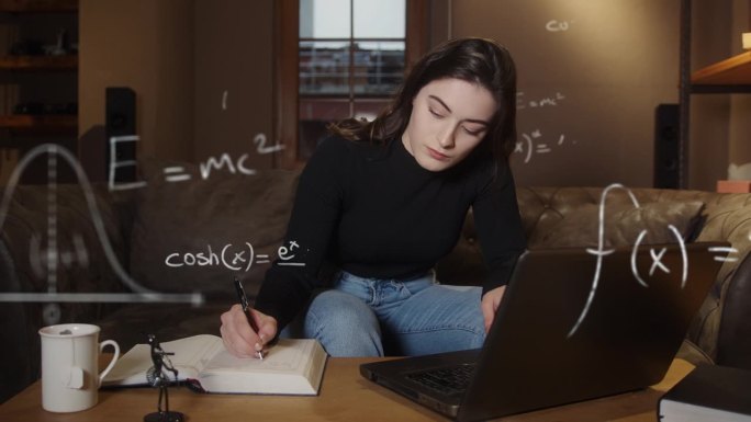 漂亮的女孩坐在家里或办公室的沙发上，她的理科生用笔记本电脑和笔记本电脑工作和解决各种数学物理和科学公