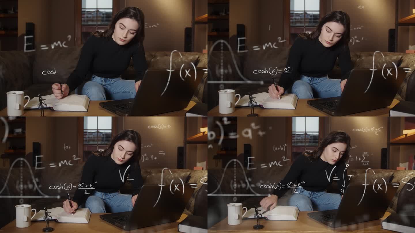 漂亮的女孩坐在家里或办公室的沙发上，她的理科生用笔记本电脑和笔记本电脑工作和解决各种数学物理和科学公