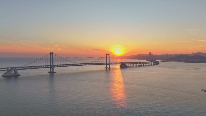 大连星海湾跨海大桥日落晚霞航拍