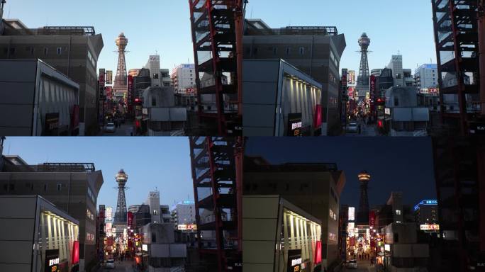 日本，大阪:夕阳下新sekai地区的延时拍摄。