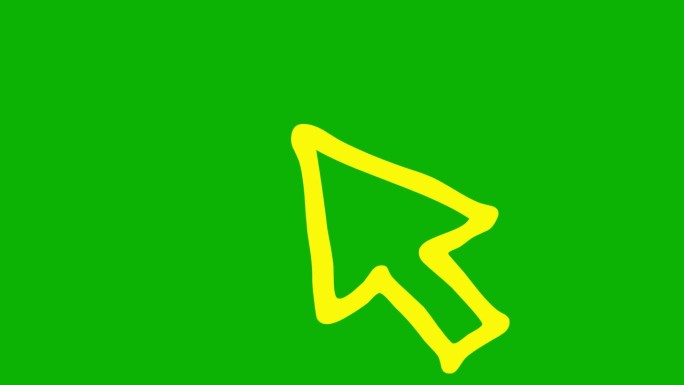 鼠标光标的黄色动画符号。带射线的箭头点击。图标在素描风格。手绘矢量插图隔离在绿色背景。