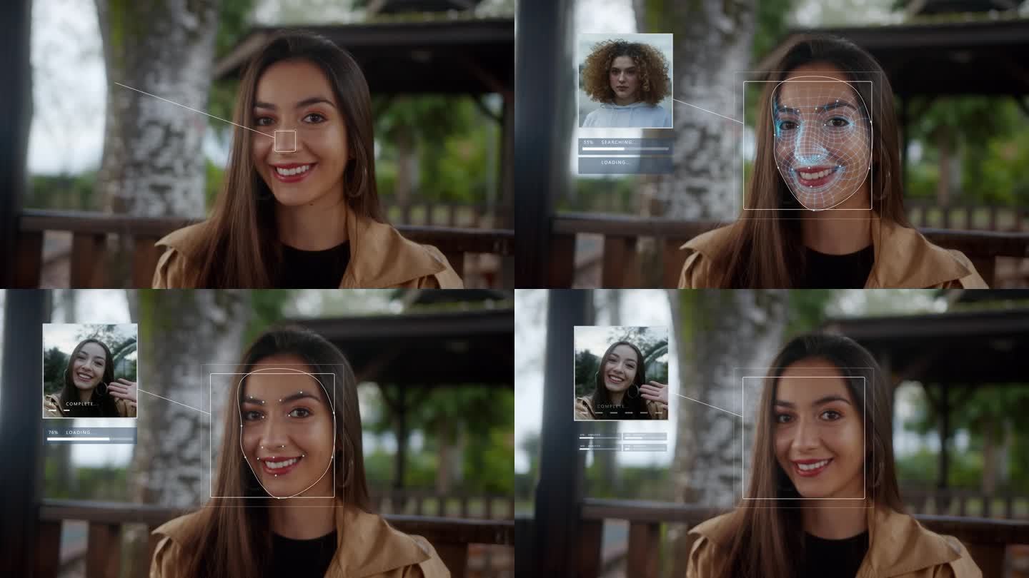 现代人脸识别技术应用生物特征画像。人脸识别和年轻美女高科技3D检测。