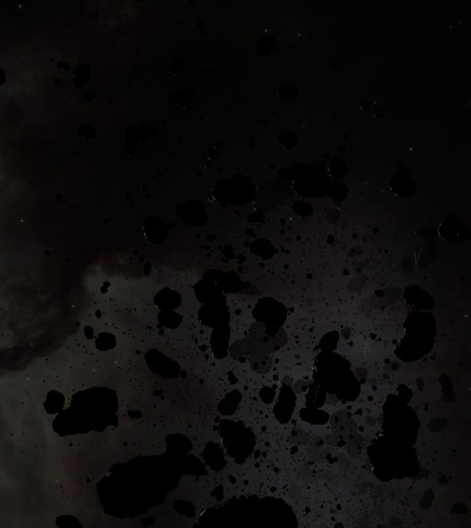 在黑暗的外太空用宇宙云弧跟踪拍摄通过小行星场
