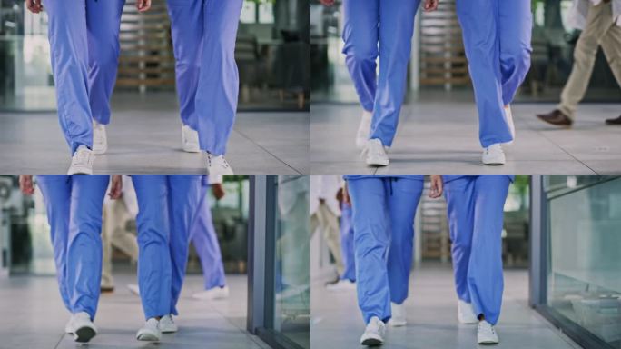 员工、护士的走路和脚随着医院医疗保健的进步、发展而迈开脚步。腿，特写和医生团队一起移动在诊所和旅程到