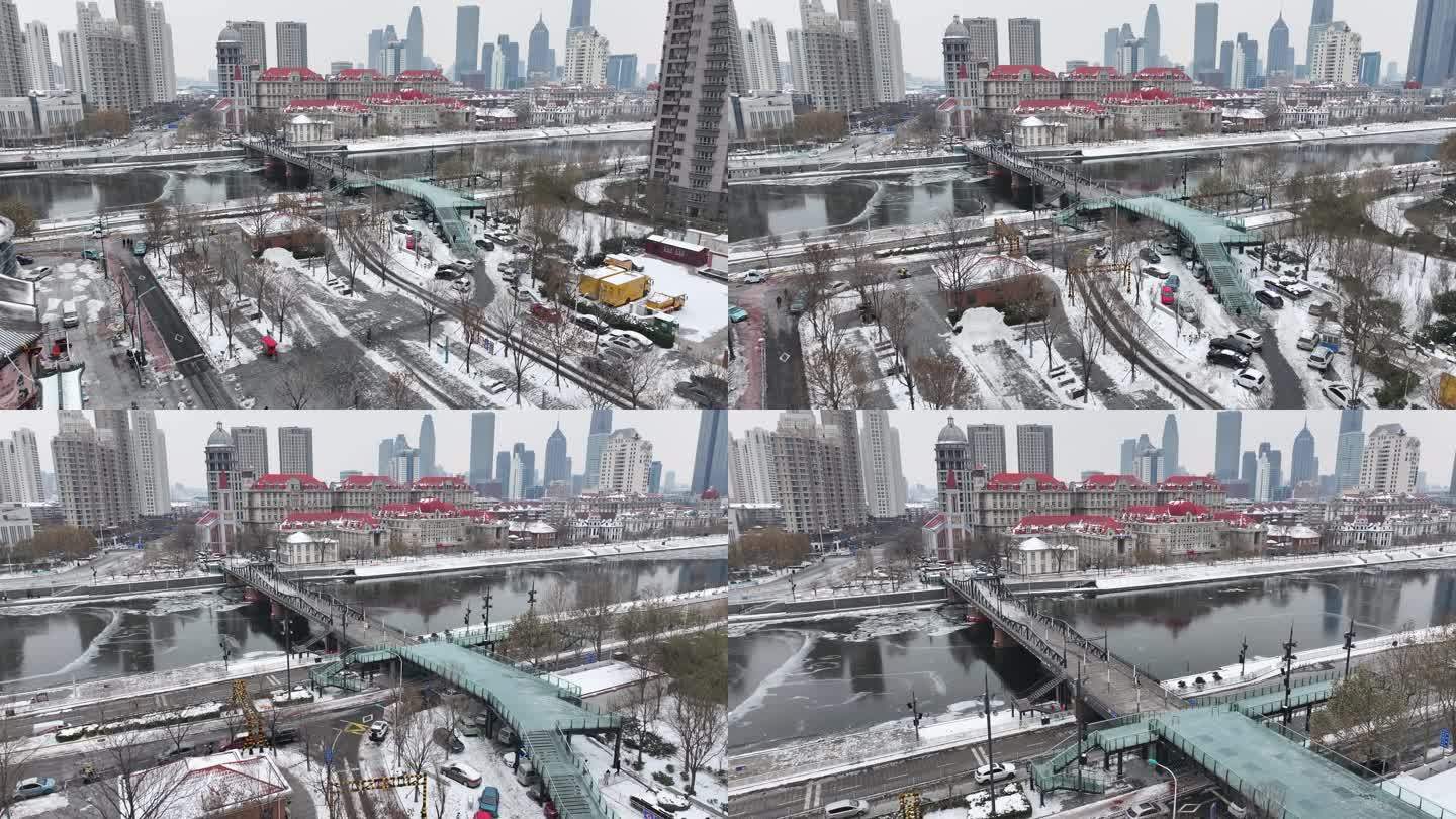 4K原素材-航拍天津市海河冬日，金汤桥