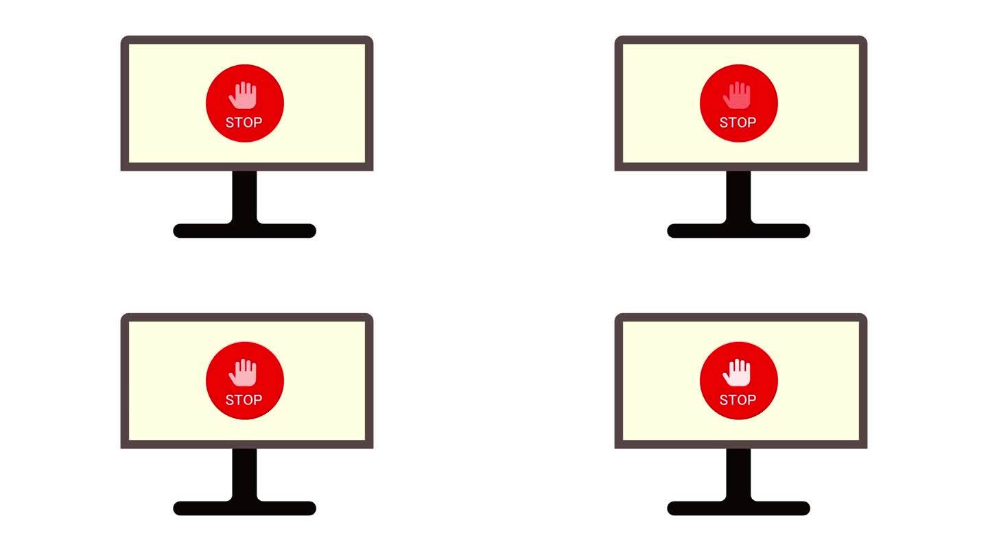 在白色背景上动画显示停止标志符号图标的计算机显示器。