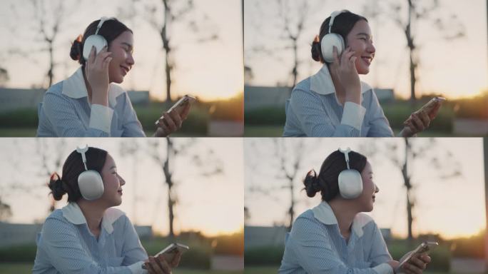 晚上在公园里听音乐的年轻女子