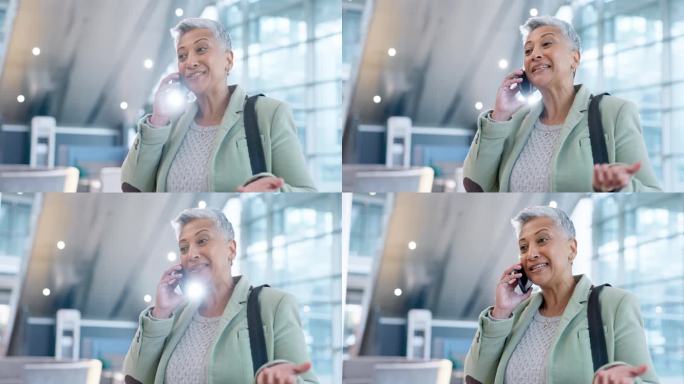 电话，出差和商务女性在机场的沟通，网络和联系。专业、移动、科技，有资深女员工在通勤、出行、旅行中畅谈