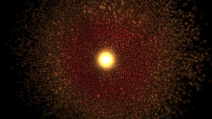 在一个球体中发射物质的明亮的中心物体。明星模拟。超高清粒子模拟。60 FPS。