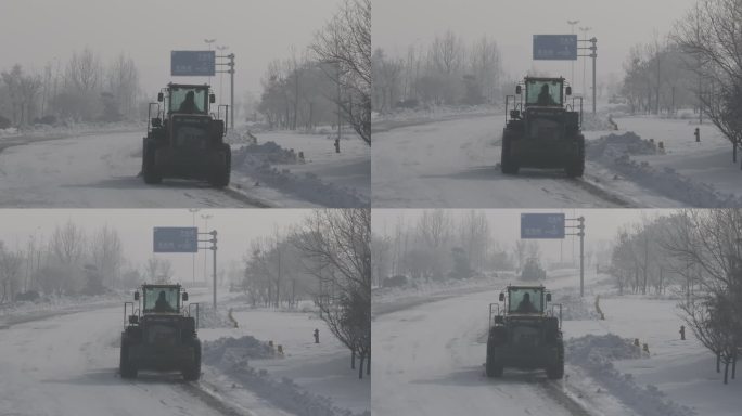 航拍俯瞰威海市双岛湾清雪除冰铲车