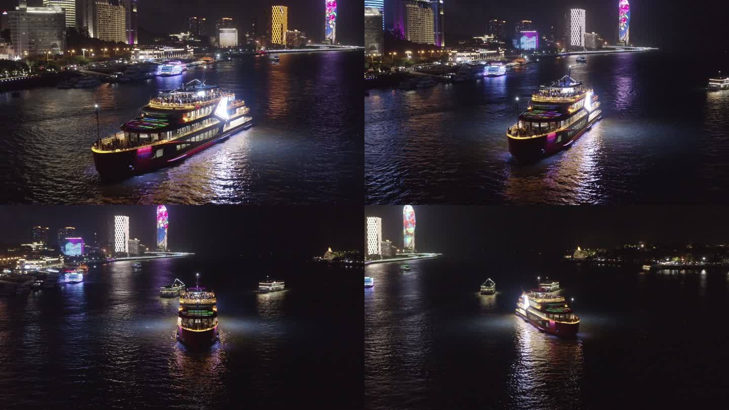 厦门轮渡双子塔演武大桥海峡大厦夜景航拍
