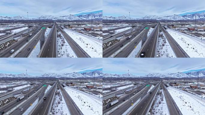 白色冬季景观中的盐湖城意面碗立交桥。空中