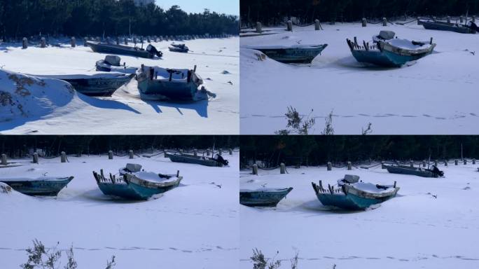 岸边被雪覆盖的小船