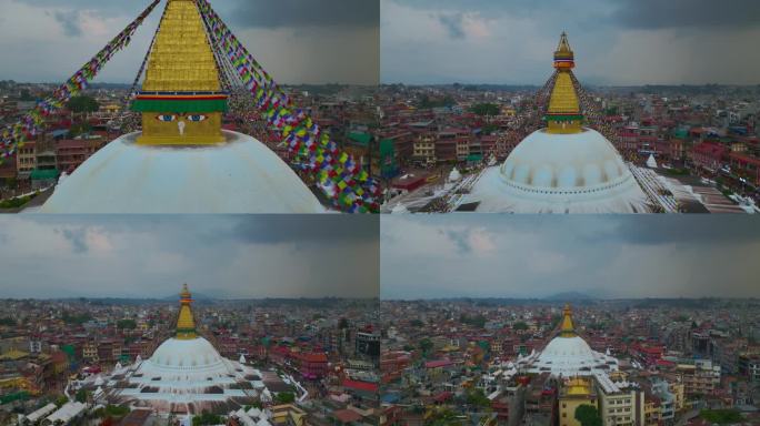 尼泊尔布达佛塔，无人机特写揭示联合国教科文组织遗产，加德满都城市景观，云和天空，佛塔佛眼4K