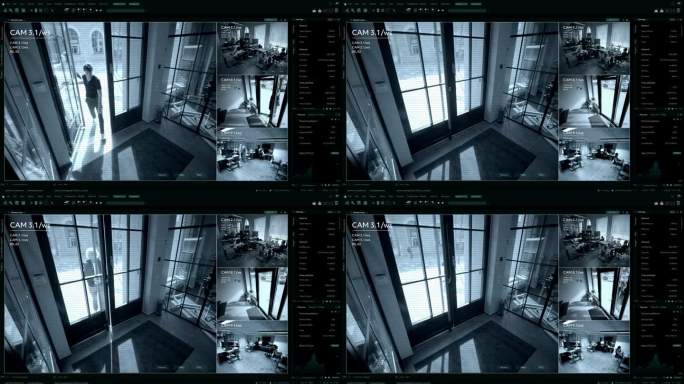 监控摄像头闭路电视视频，多屏幕显示人们在办公室工作。高科技安全和数据保护模型。用于计算机显示器的屏幕