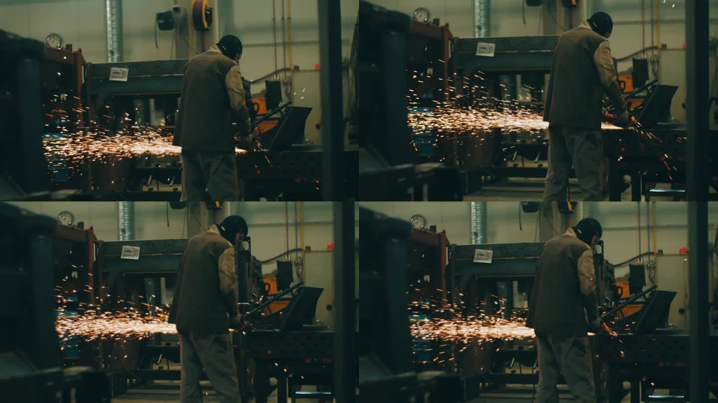 SLO MO工人在工厂使用角磨机
