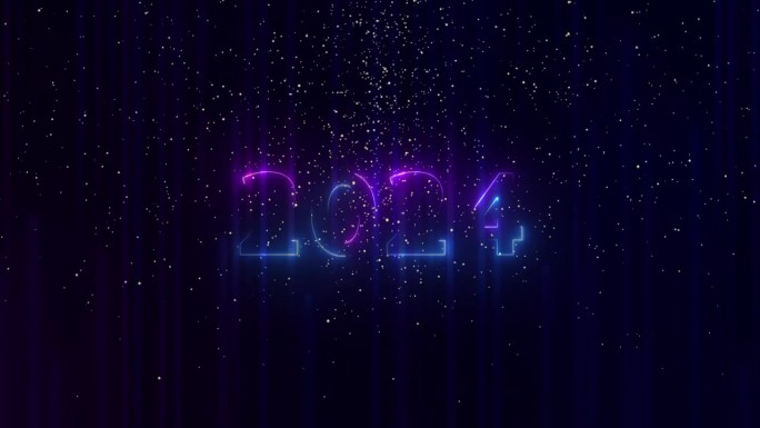 2024年霓虹灯动画新年快乐。粉红色、蓝色和紫色的垂直霓虹线与发光的轨迹。出现，向上滑动，然后淡出