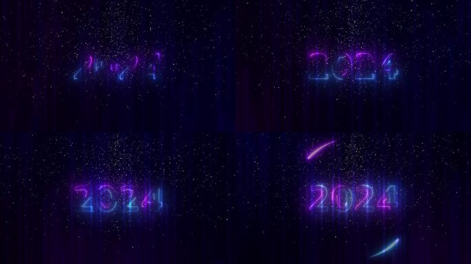 2024年霓虹灯动画新年快乐。粉红色、蓝色和紫色的垂直霓虹线与发光的轨迹。出现，向上滑动，然后淡出