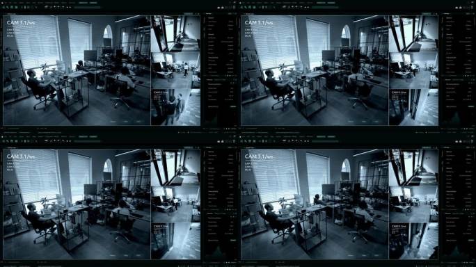 监控摄像头闭路电视视频，多屏幕显示人们在办公室工作。高科技安全和数据保护模型。用于计算机显示器的屏幕