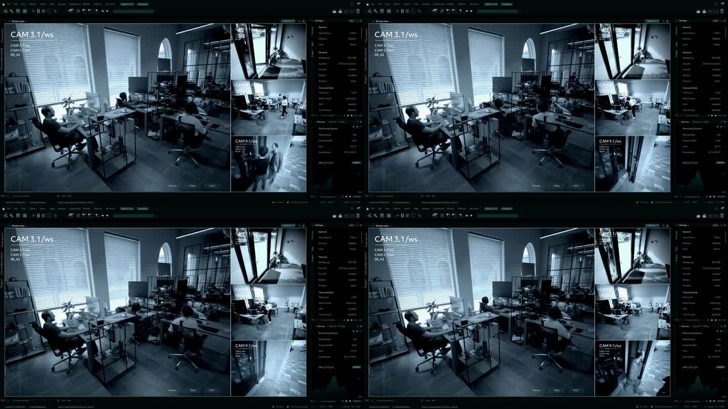 监控摄像头闭路电视视频，多屏幕显示人们在办公室工作。高科技安全和数据保护模型。用于计算机显示器的屏幕