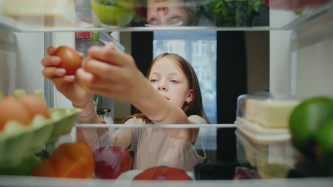 小女孩用健康食品打开冰箱门，拿起产品。一个饥饿的孩子选择装满食物的冰箱里的食材来做饭。小快乐的孩子选