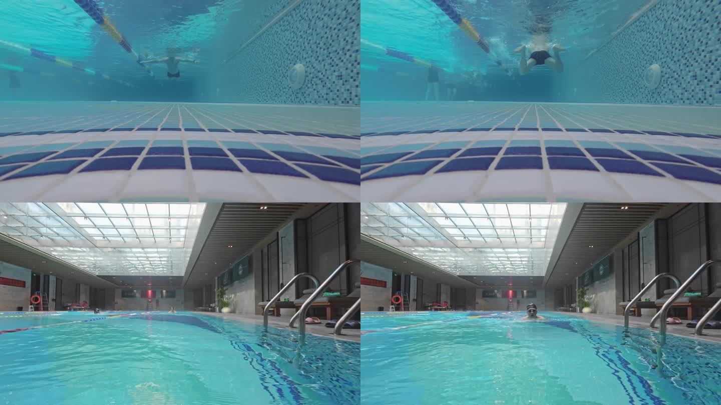 4k水下水中拍摄室内游泳池游泳，休闲健身