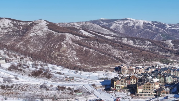 航拍北方山群雪山滑雪场