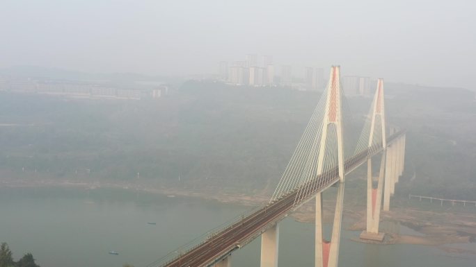 航拍雾都山城重庆北碚蔡家轨道交通大桥风光