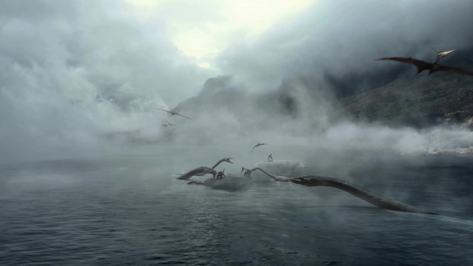 雾蒙蒙的史前海洋，巨大的恐龙和飞行翼龙，3d动画