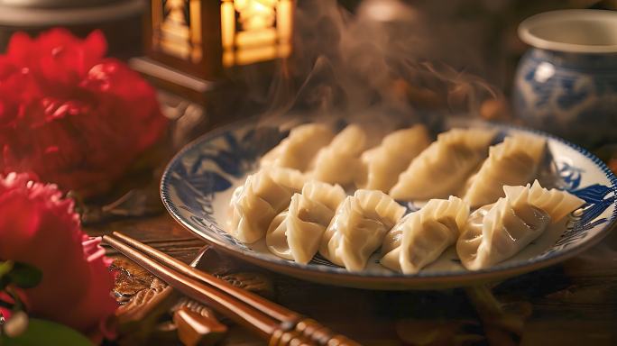 4k热气腾腾的饺子水饺年味美食