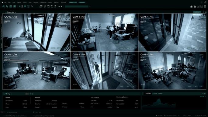 监控摄像头闭路电视视频，多屏幕显示人们在办公室工作。高科技安全和数据保护模型。用于计算机显示器的屏幕