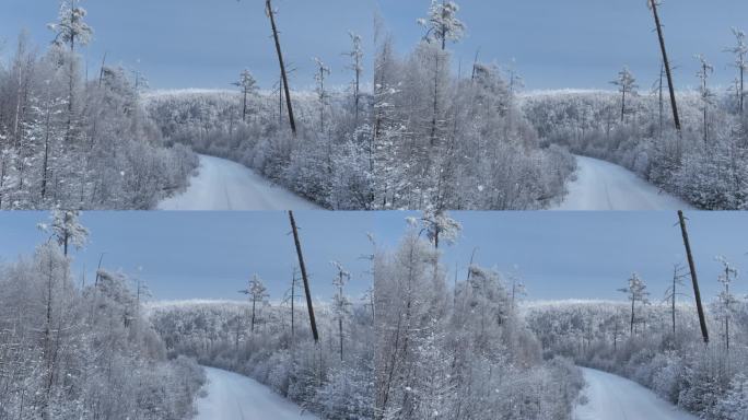 航拍林海雪原雪林和山路