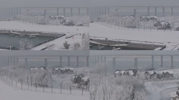 航拍威海双岛湾渔耕文化公园冬季雪凇景观