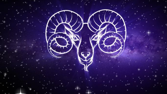 白羊座的占星学星座，在深空的背景上有一个闪闪发光的符号，3D空间中的星星和平滑的弧形相机移动，神秘的