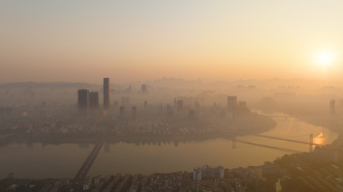 广西柳州地标云雾缭绕柳州航拍素材日出朝霞
