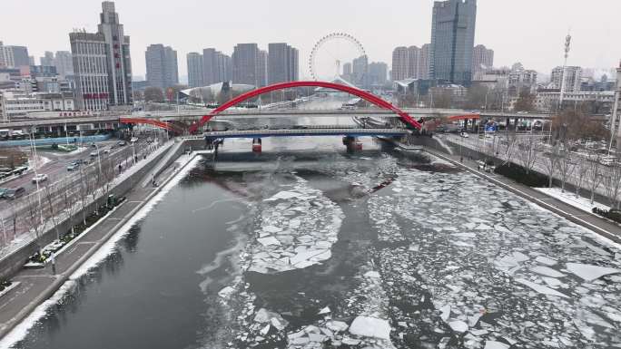 4K原素材-航拍天津市海河雪景，金钢桥