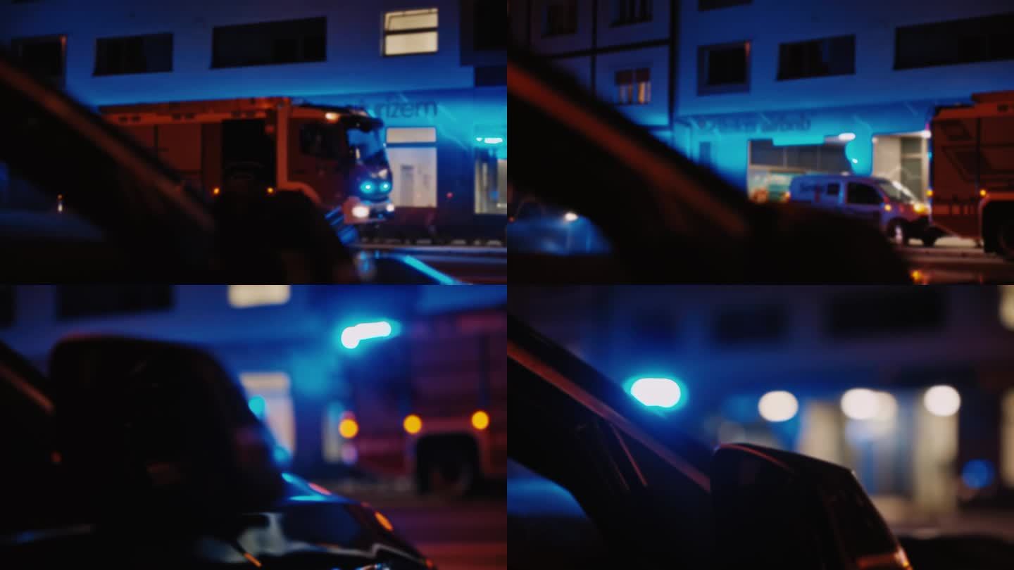 夜间城市街道上闪烁着蓝色灯光和鸣笛的消防车晃动镜头